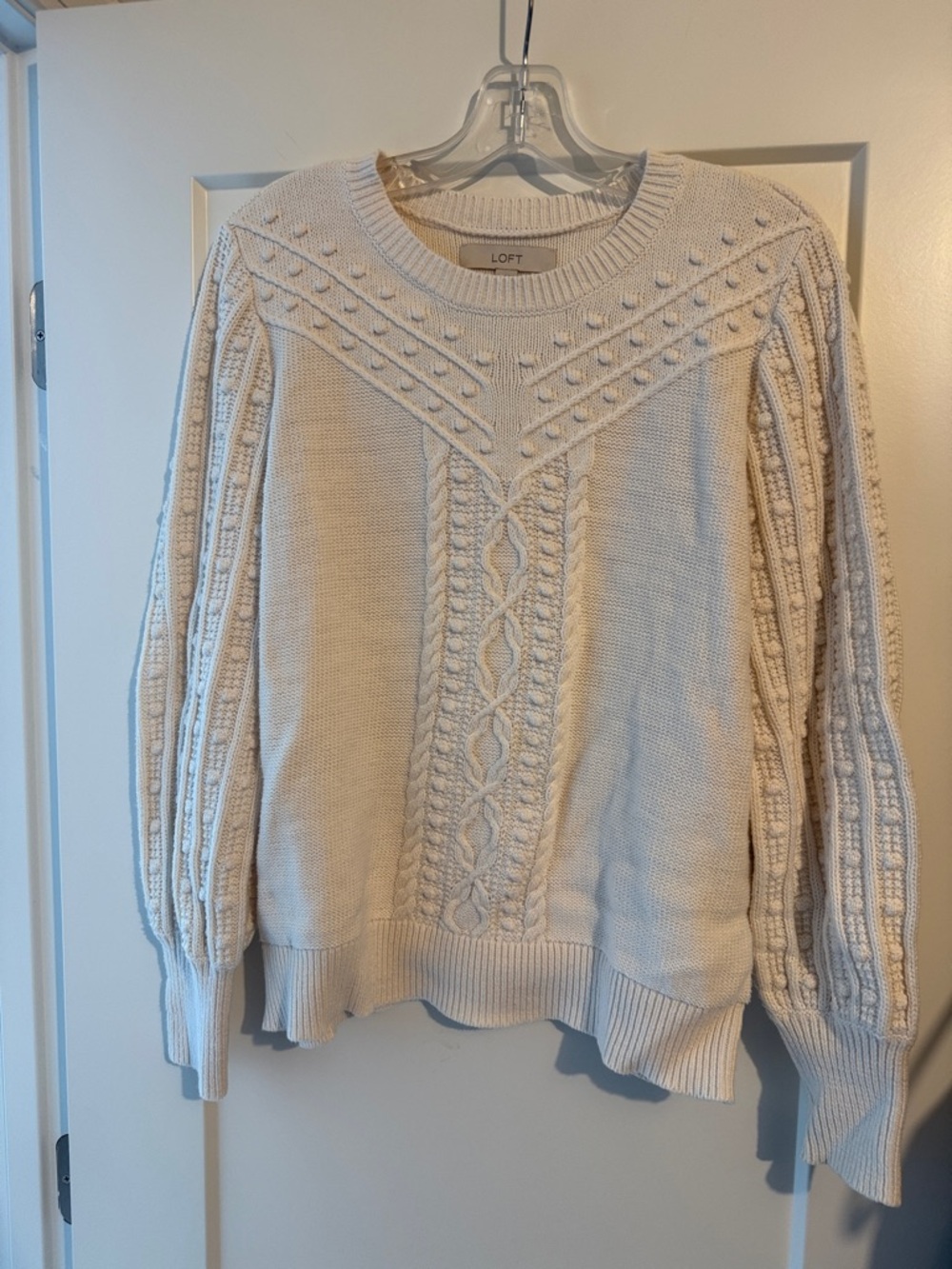 LOFT Cream Cable & Bobble Knit Crewneck Sweater